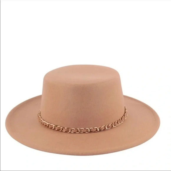 Wide Brim Felt Hat with Gold Chain | Boho Fedora Fall Winter Style - Picture 1 of 3